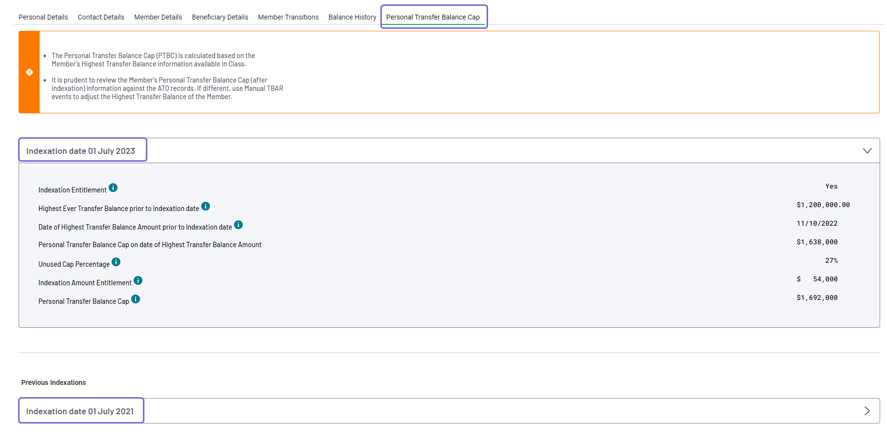 Personal Transfer Balance Cap Class Support