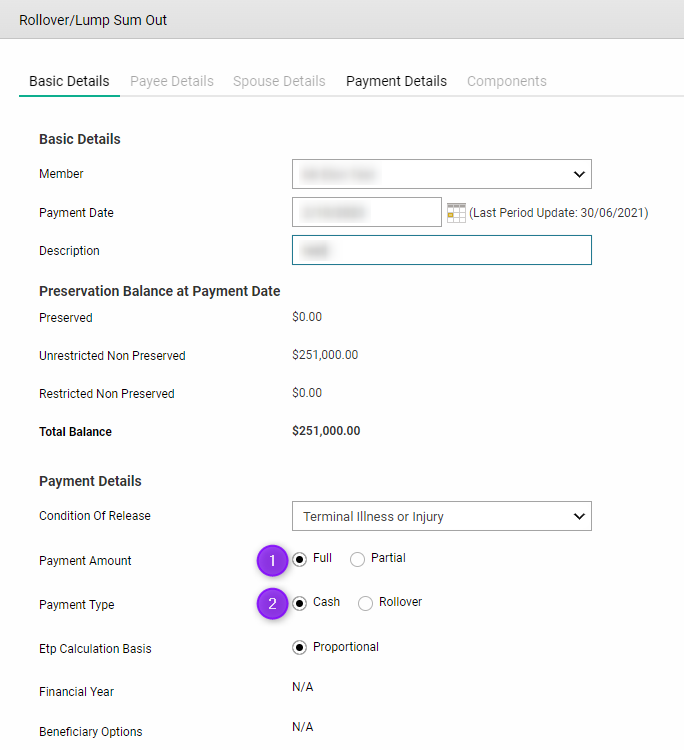 Rollover/Lump Sum Out – Class Support